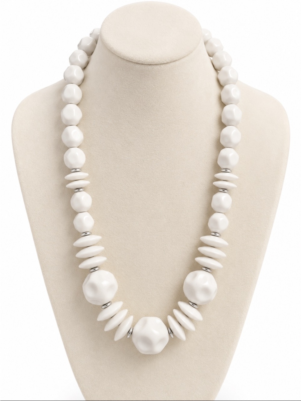 White Sculptural Bead & Disc Statement Necklace